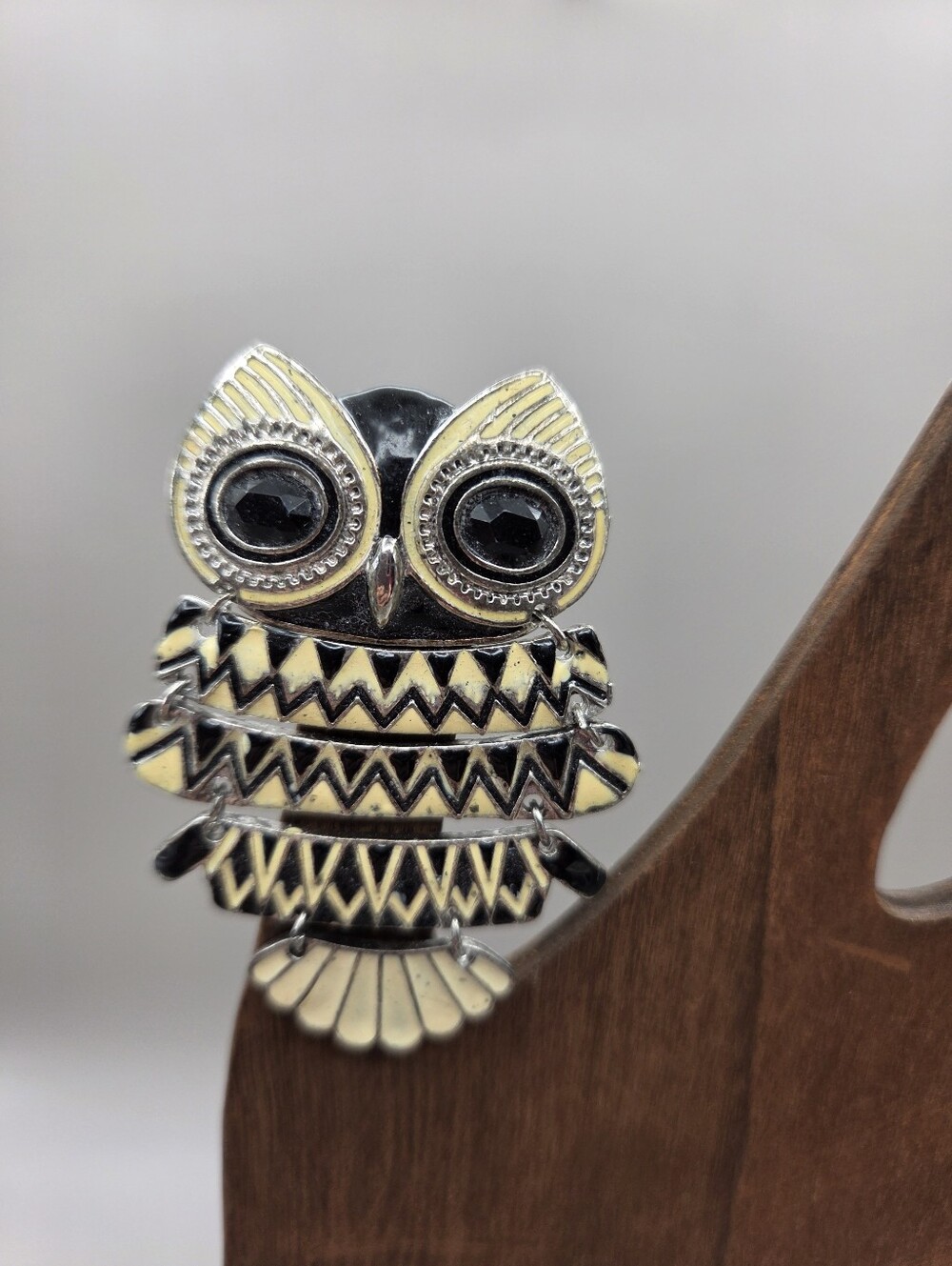 Articulated Owl Brooch in Black & Cream with Rhinestone Eyes